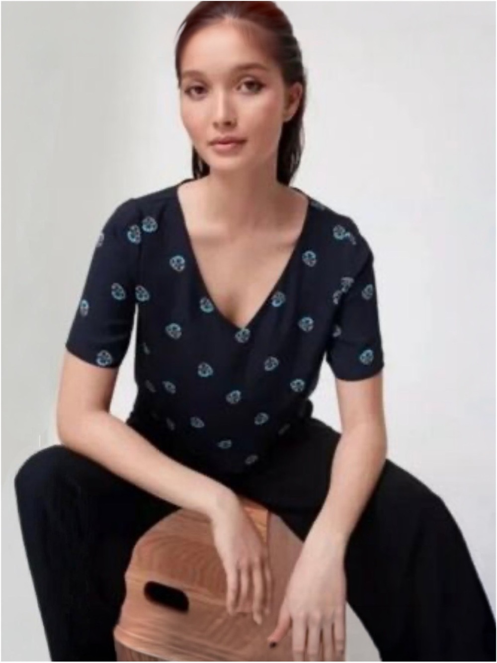 Babaton Aritzia Navy Floral V-Neck Boxy Top Size M
